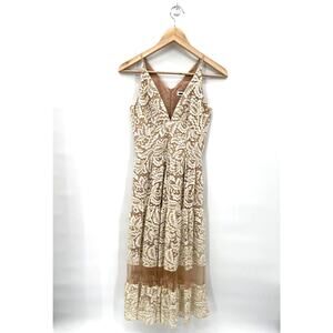 DRESS THE POPULATION Ivory & Gold Lace Overlay V-Neck Midi Dress  // XS